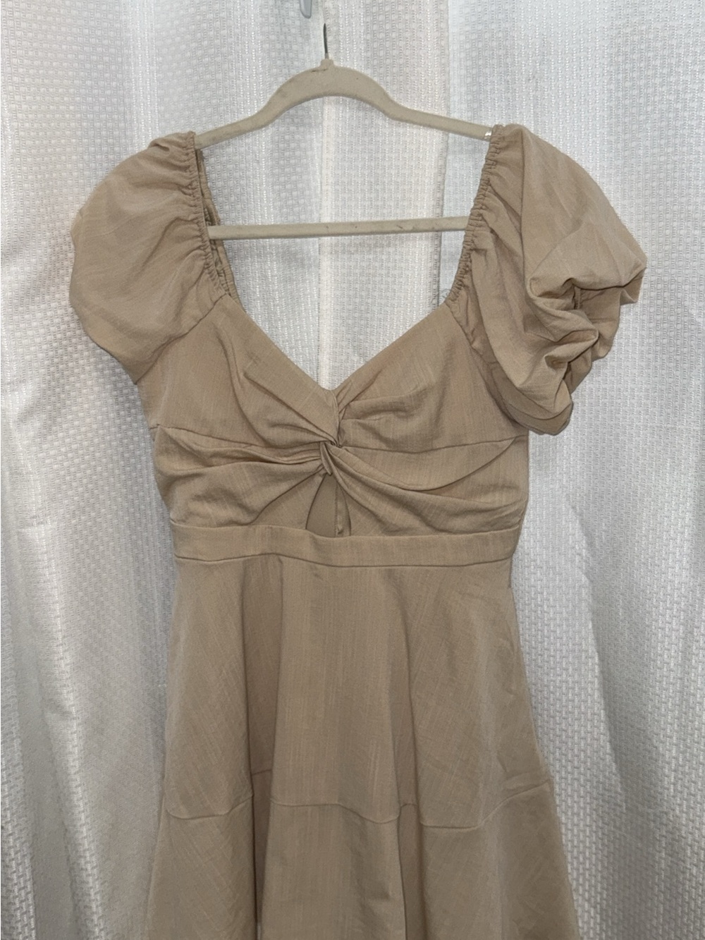 Beige Puff-Sleeve V-Neck Dress Top